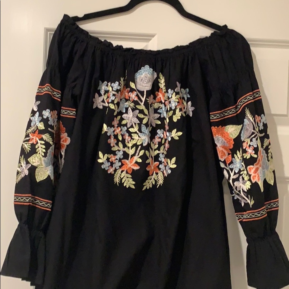 Free people black, embroidered shirt/me in dress.